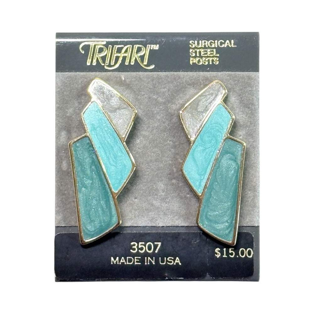 Trifari Enamel on Gold Tone Earrings Green Aqua Gray Vintage 1980s Original Card